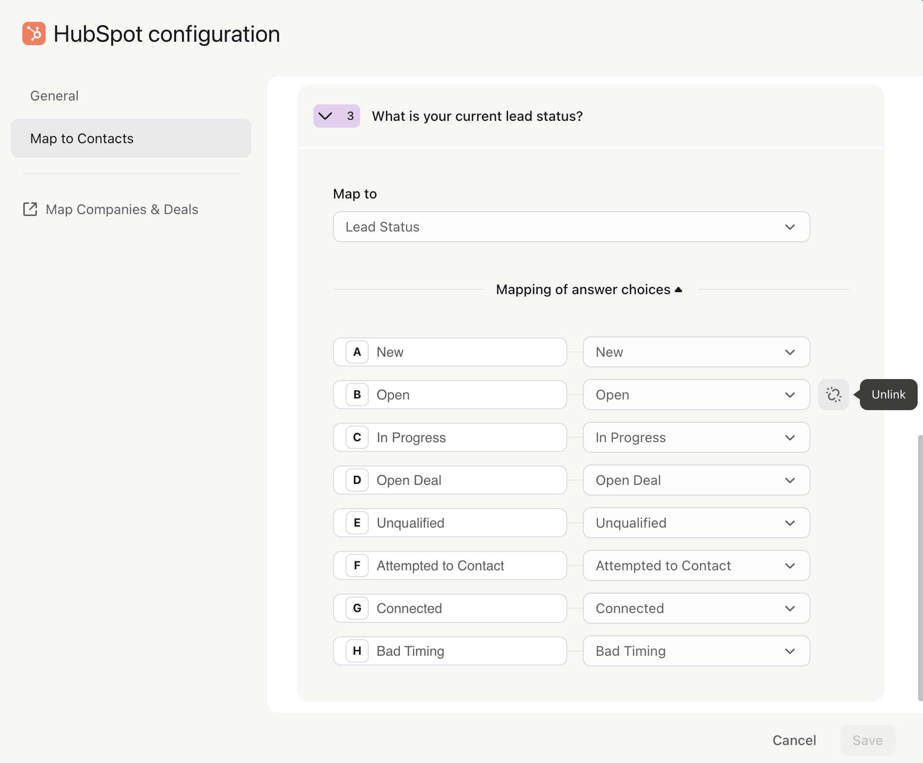 Map your Typeform questions to HubSpot fields in the Create panel ...