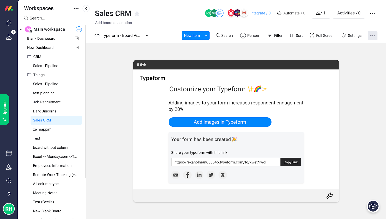 Generate typeforms and send data with the monday com custom app view